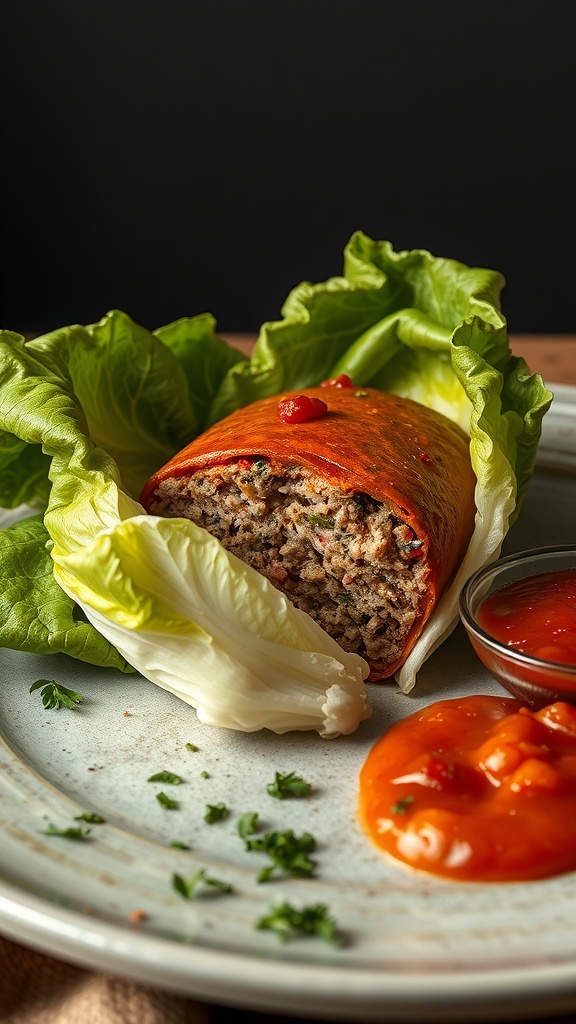 A delicious cabbage-wrapped meatloaf served with sauce on a plate.