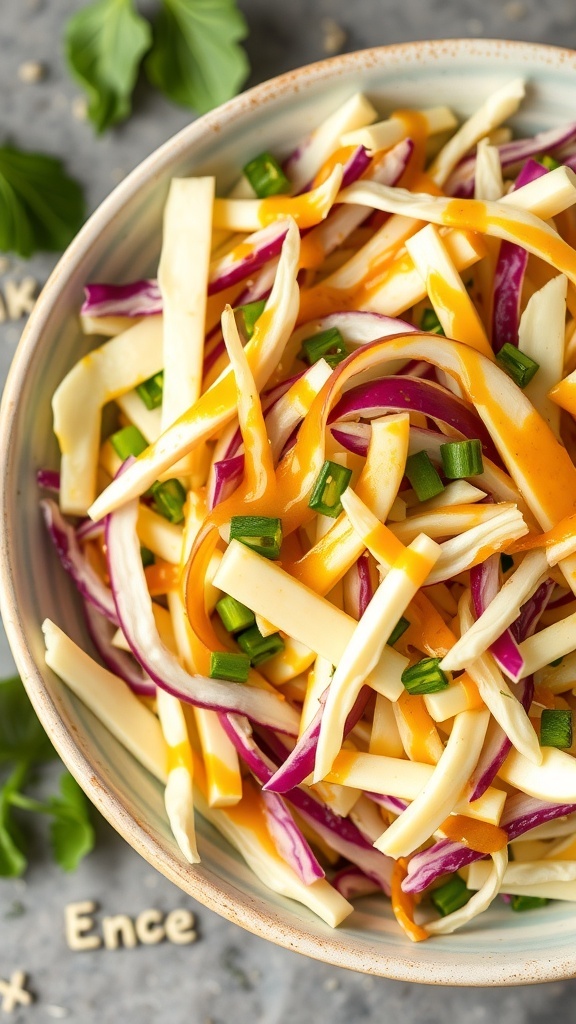 A bowl of colorful cabbage and apple slaw with green onions