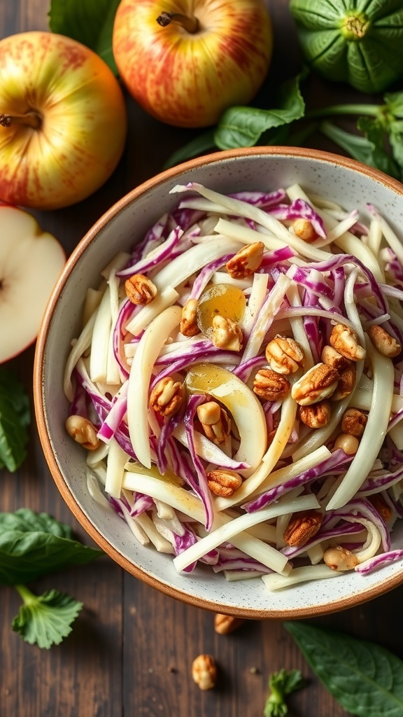 A bowl of cabbage and apple slaw with nuts, surrounded by fresh apples and greens.