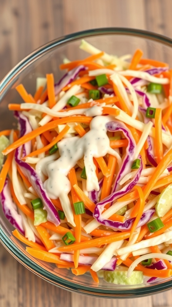 A bowl of colorful cabbage and carrot slaw topped with a creamy dressing.