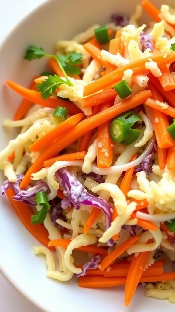 A bowl of colorful cabbage and carrot slaw with green onions and cilantro