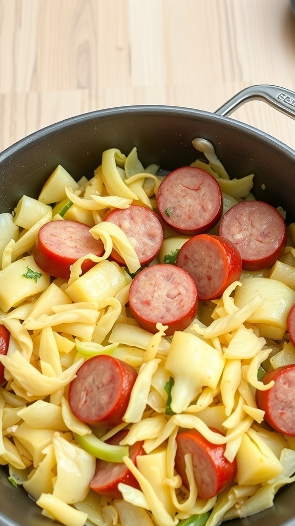 A skillet filled with cooked cabbage and sliced sausage, showcasing a colorful and hearty meal.