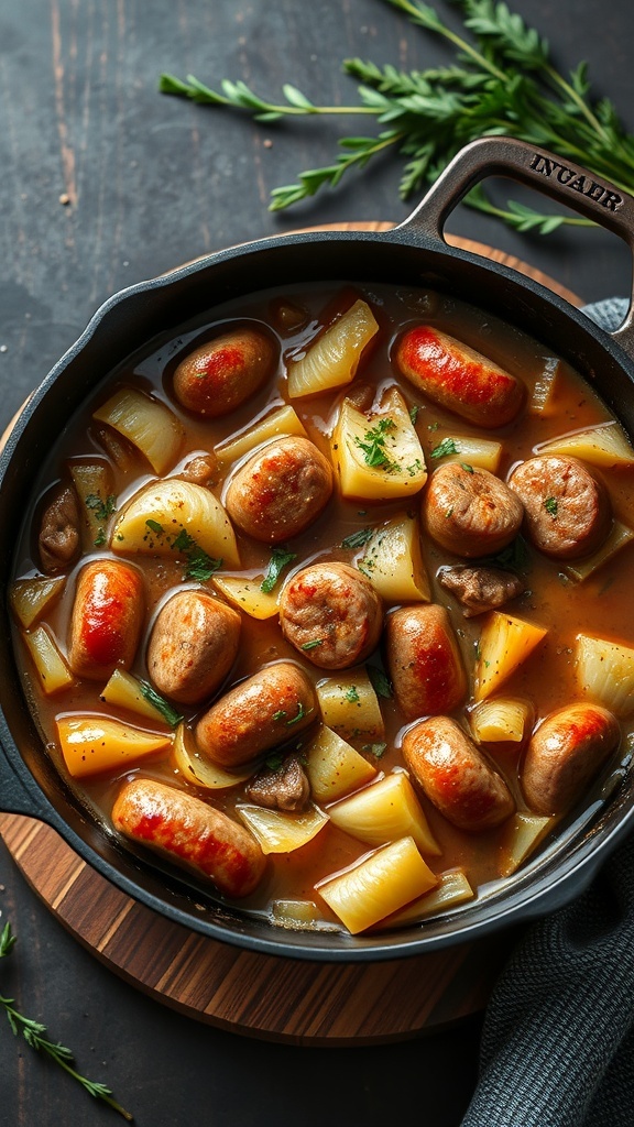 A hearty cabbage and sausage stew in a pot, filled with sausage, cabbage, and potatoes.