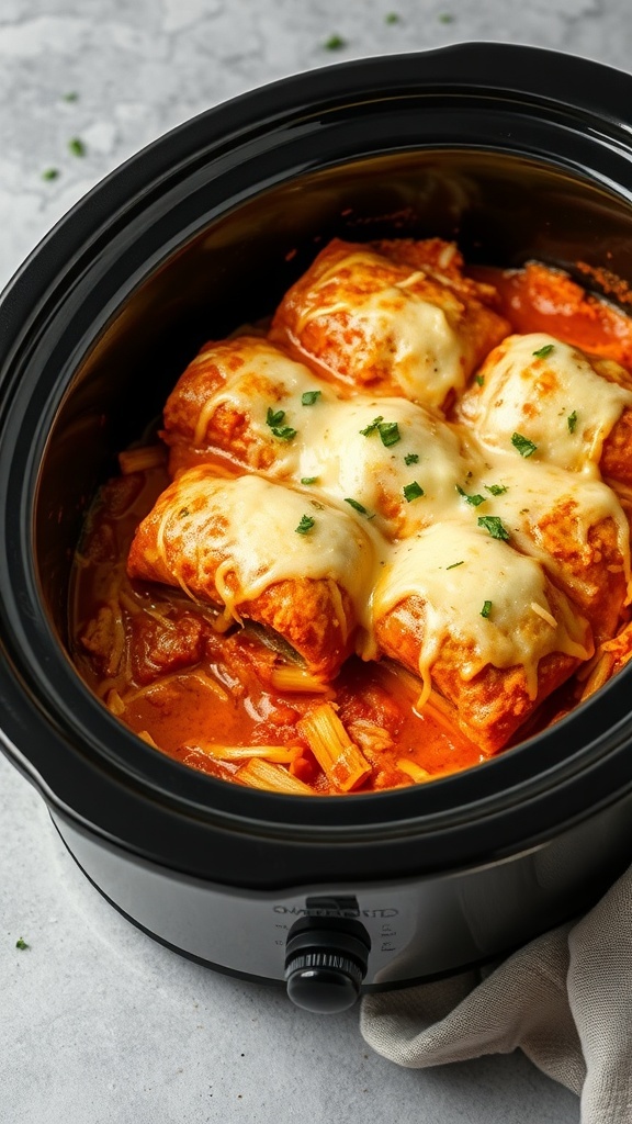 Cabbage Roll Casserole in a crockpot with melted cheese on top