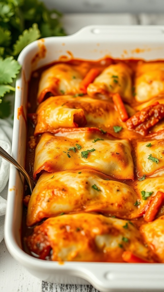 A delicious Cabbage Roll Casserole with melted cheese and fresh herbs on top.