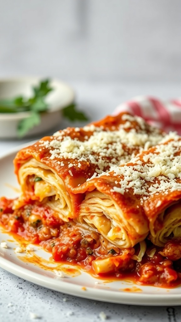 A serving of Cabbage Roll Casserole with layers of cabbage, meat, and tomato sauce topped with cheese.