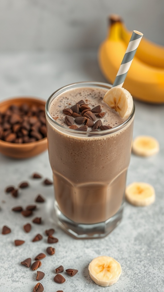 A delicious cacao and banana smoothie topped with chocolate chips, with bananas and coffee beans in the background.