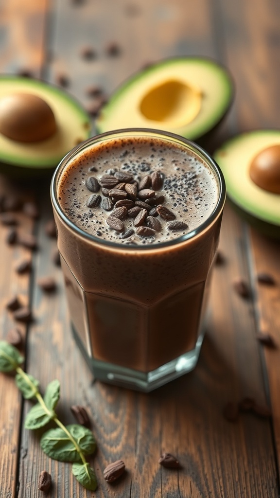 A glass of cacao avocado smoothie topped with coffee beans, surrounded by halved avocados on a wooden table.