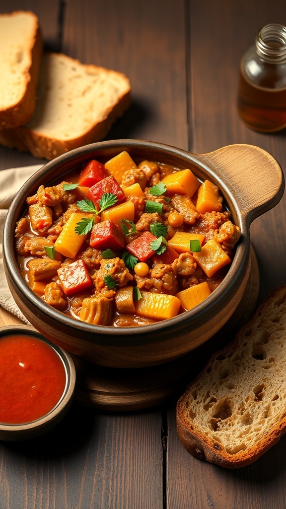 A bowl of Cajun-style jambalaya with colorful vegetables and meat, served with crusty bread.