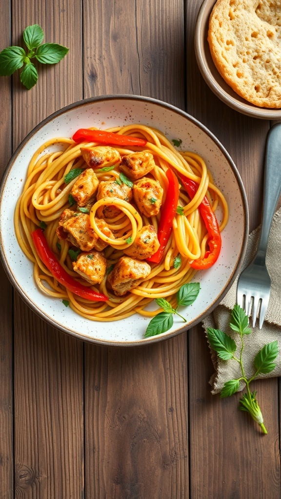 A plate of Cajun Chicken Pasta with spaghetti, chicken, red bell peppers, and fresh herbs.