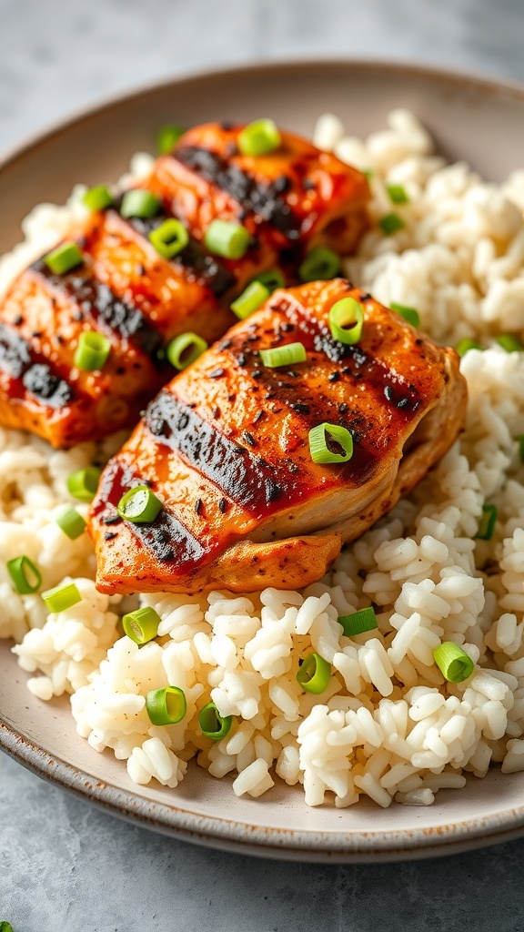 Grilled Cajun chicken thighs served on a bed of rice with green onions