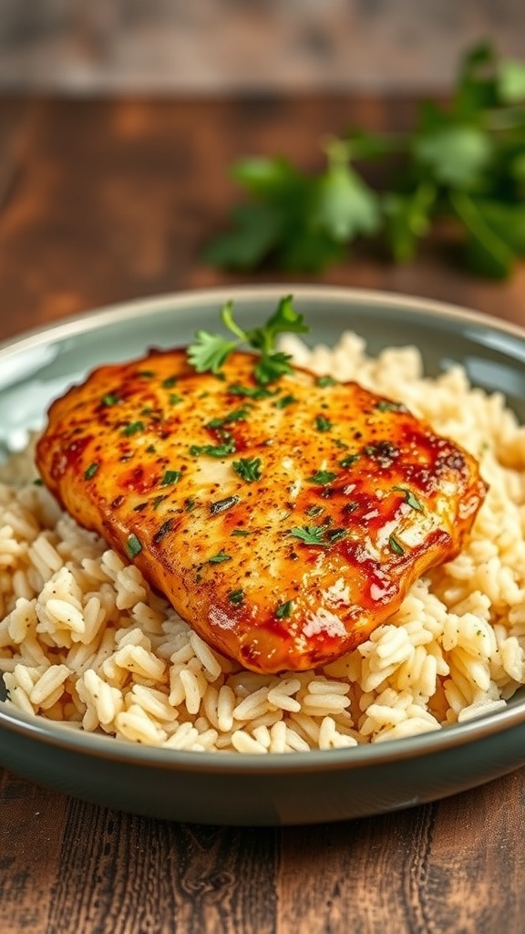 A plate of Cajun chicken breast served over rice, garnished with fresh herbs.