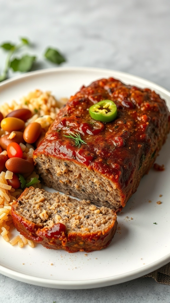 Cajun spiced meatloaf with a slice cut out, served with rice and beans