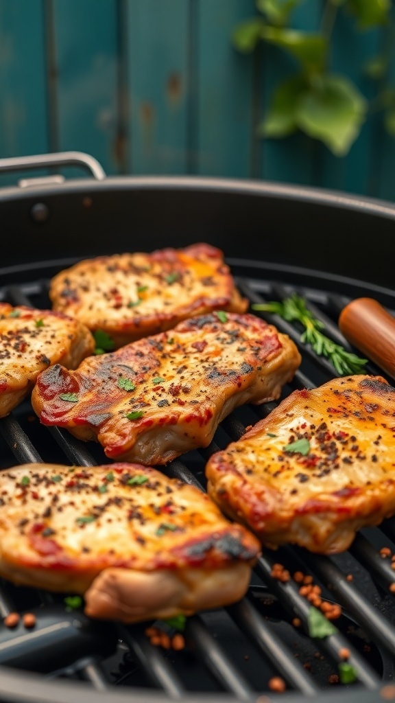 Grilled Cajun spiced pork chops on a grill