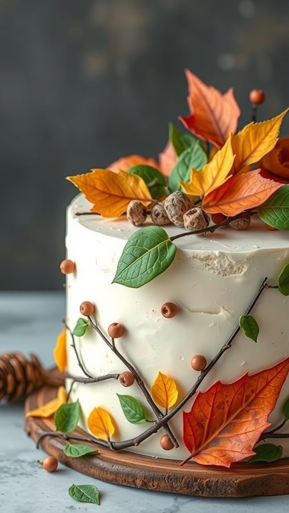 A beautifully decorated cake with autumn leaves and nuts, showcasing nature-inspired design.