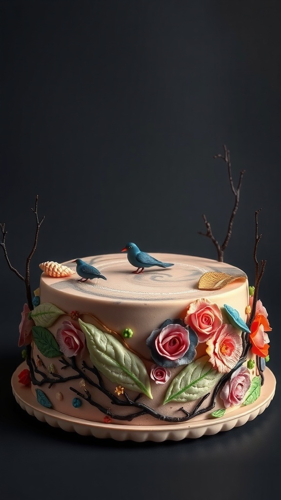 A beautifully decorated cake with edible art featuring flowers and birds.