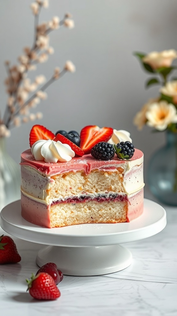 A beautifully decorated cake with layers of strawberry and blackberry flavors, topped with fresh berries and whipped cream.