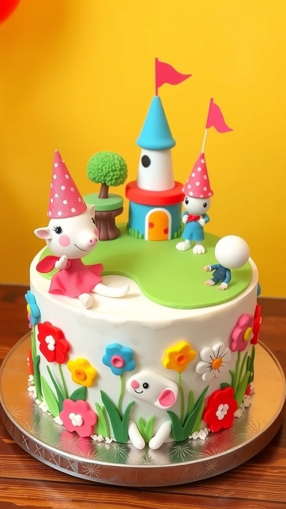 A whimsical cake featuring cute animal figurines and a colorful landscape.