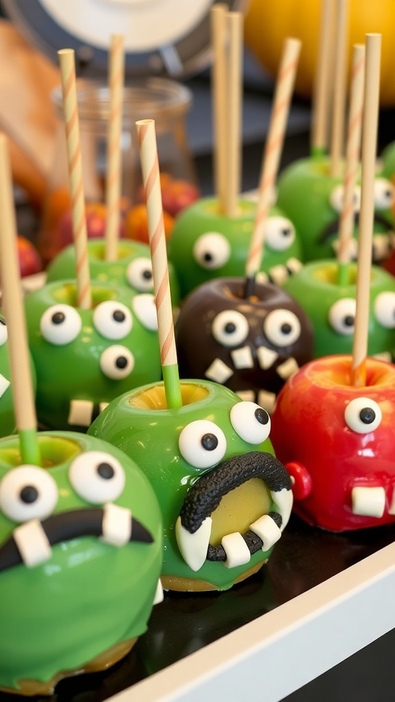 Colorful candy apple monsters with funny faces on a table