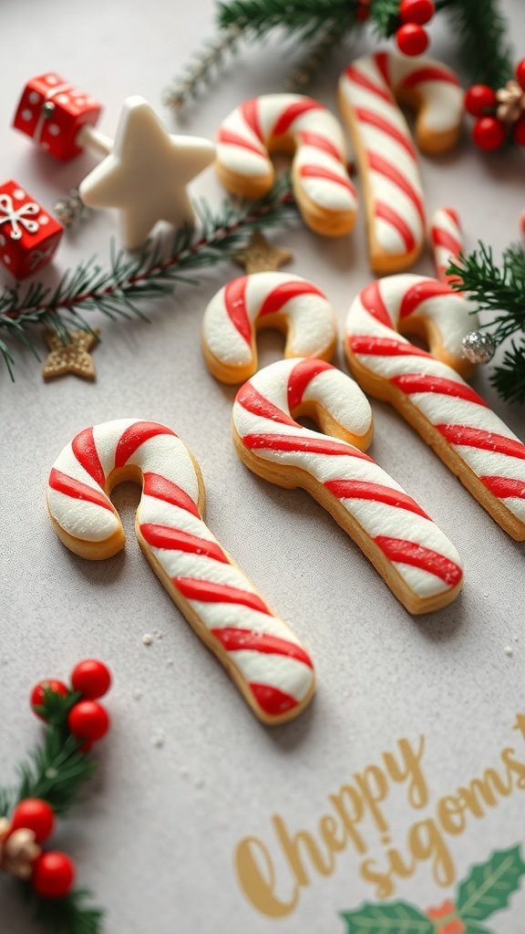Decorated candy cane sugar cookies surrounded by festive decorations.