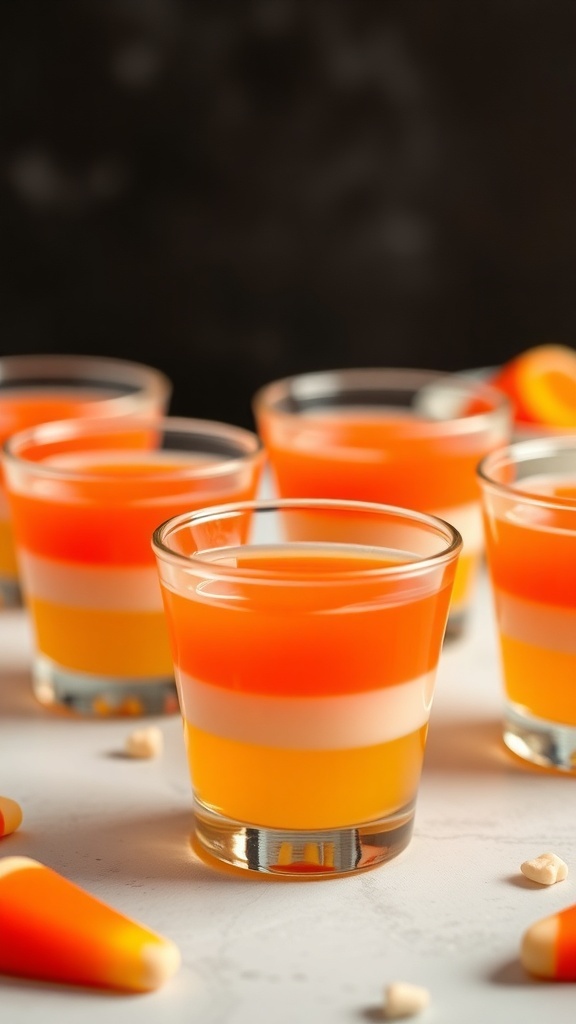 Colorful candy corn jello shots in clear glasses with candy corn pieces