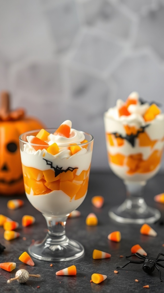 Candy Corn Parfaits with layers of yogurt, fruit, and candy corn, decorated for Halloween