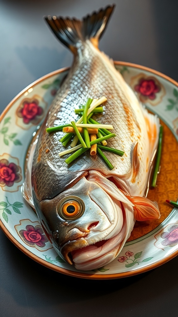 A beautifully presented Cantonese steamed fish garnished with green onions and served in a savory sauce.