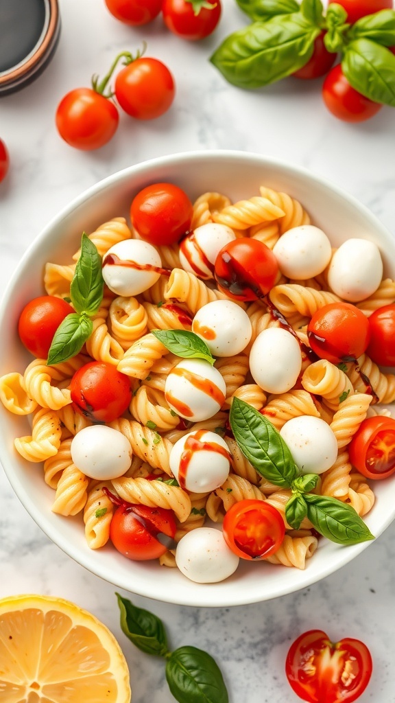 A bowl of Caprese Pasta Salad with cherry tomatoes, mozzarella balls, and fresh basil