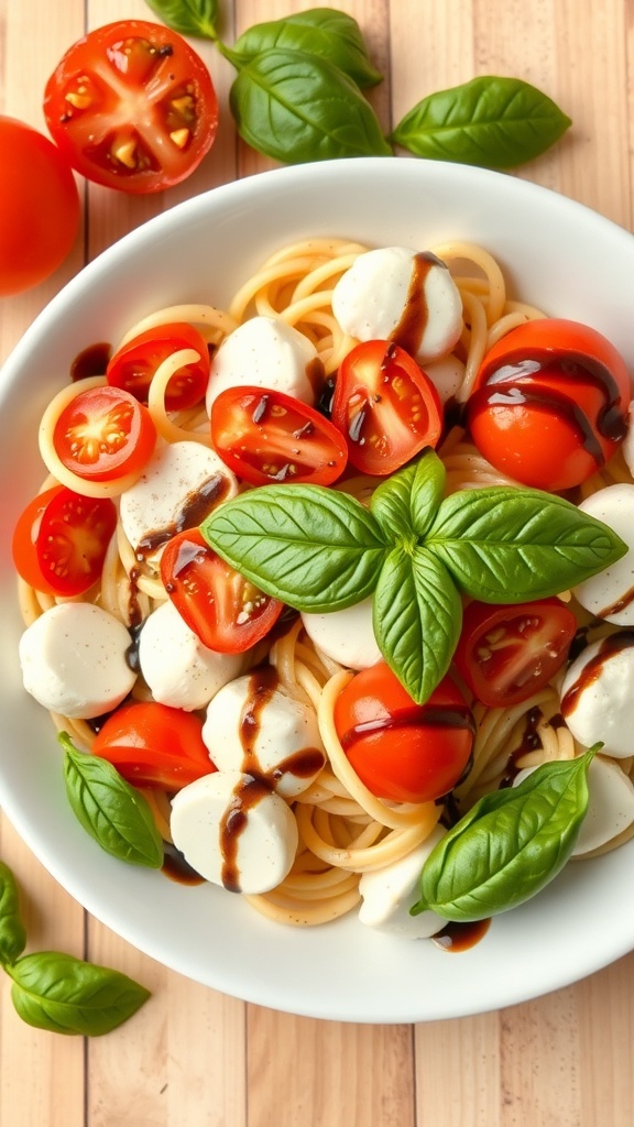 A bowl of Caprese pasta salad with cherry tomatoes, mozzarella, basil, and balsamic drizzle.