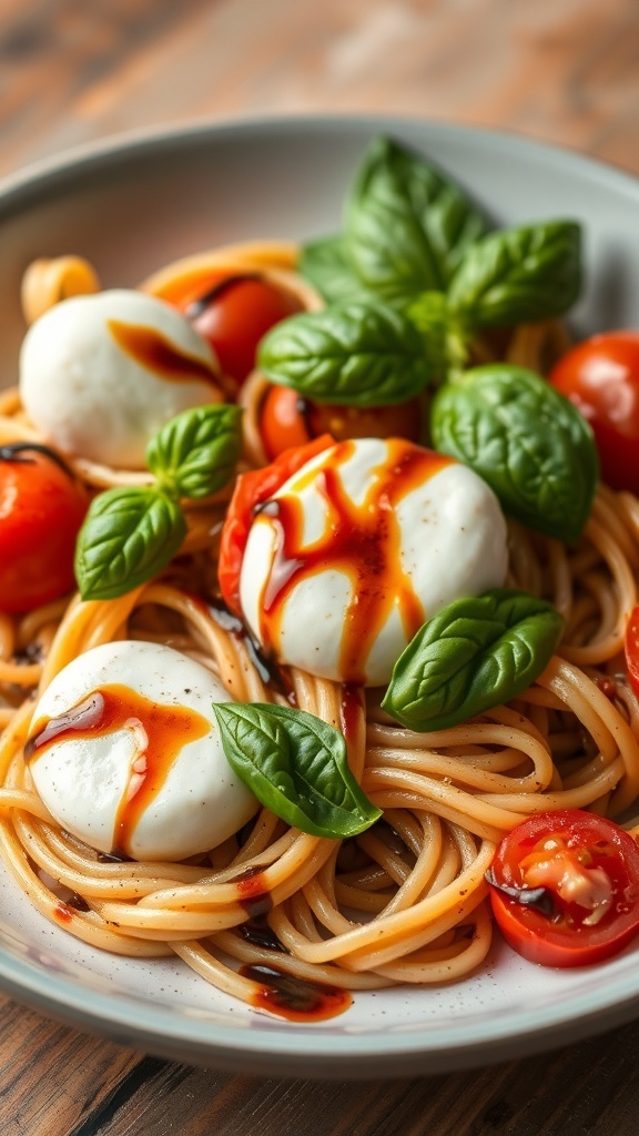 A bowl of Caprese pasta with fresh mozzarella, cherry tomatoes, and basil drizzled with balsamic glaze.