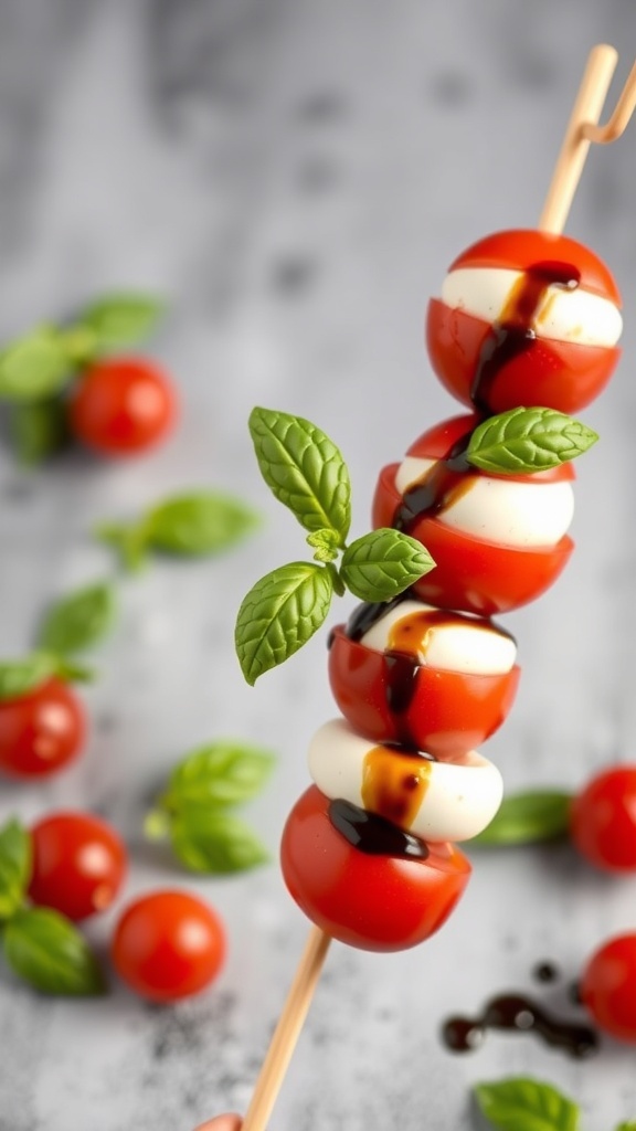 Caprese Salad on a Stick with cherry tomatoes, mozzarella, and basil on skewers