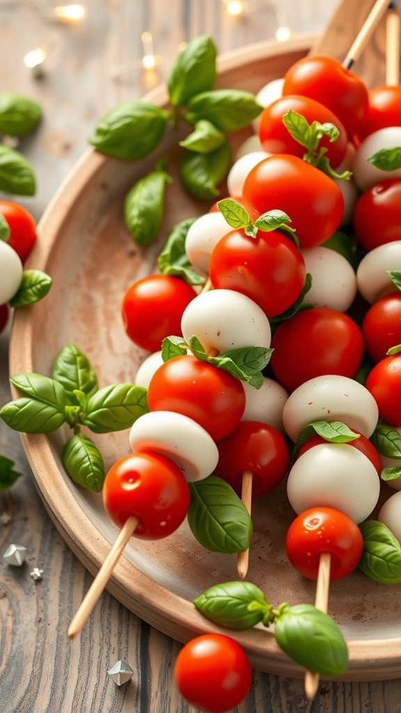 A platter of Caprese salad skewers with cherry tomatoes, mozzarella balls, and fresh basil.
