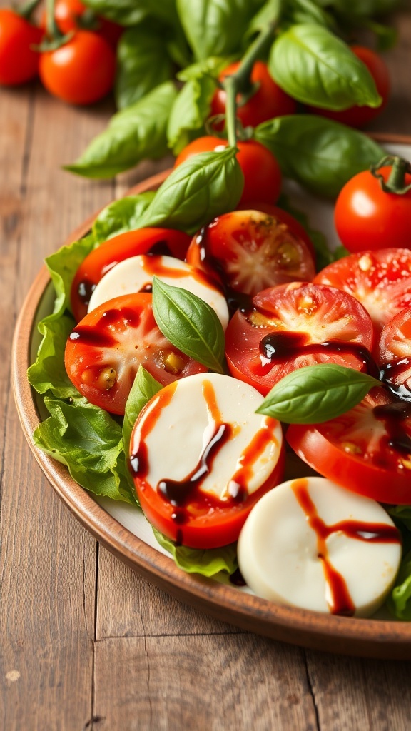 A plate of Caprese salad featuring sliced tomatoes, mozzarella cheese, fresh basil, and balsamic glaze on a wooden table.