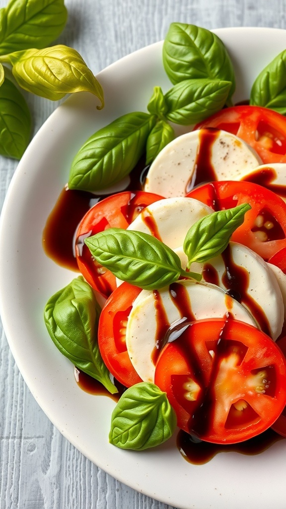 A plate of Caprese salad with sliced tomatoes, mozzarella cheese, fresh basil, and balsamic glaze.