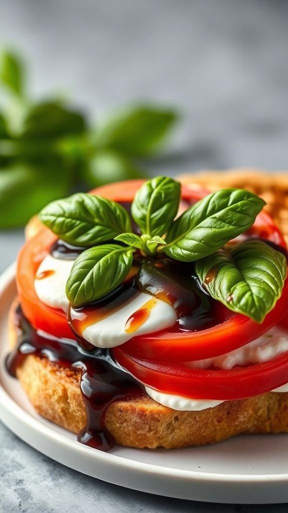 A delicious Caprese sandwich with fresh mozzarella, tomatoes, basil, and balsamic glaze on a plate.