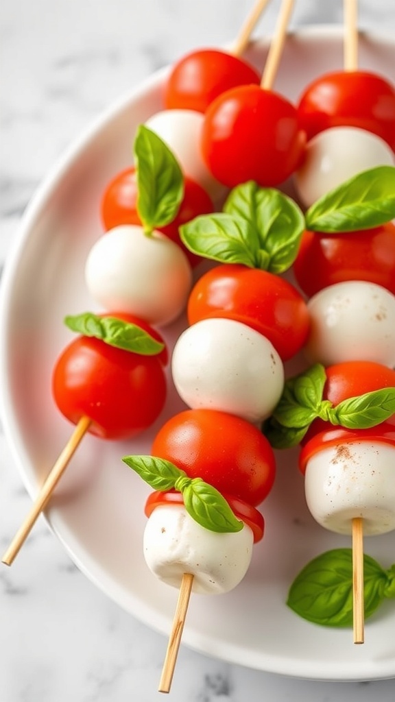 Caprese skewers with cherry tomatoes, mozzarella balls, and basil leaves on skewers