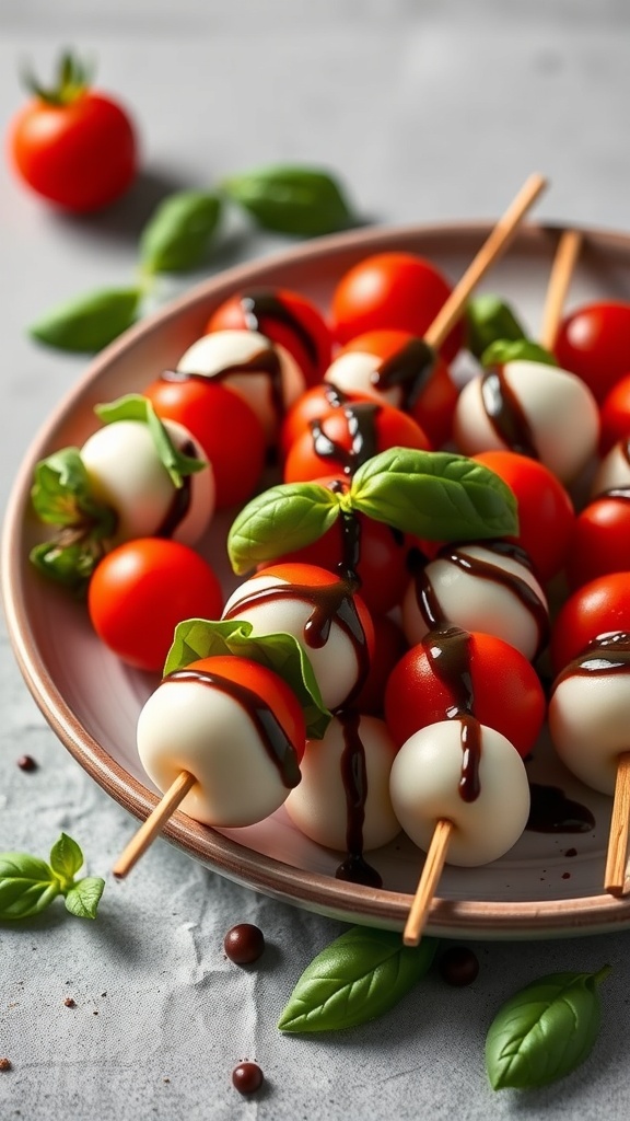 Caprese skewers with cherry tomatoes, mozzarella balls, and basil drizzled with balsamic reduction