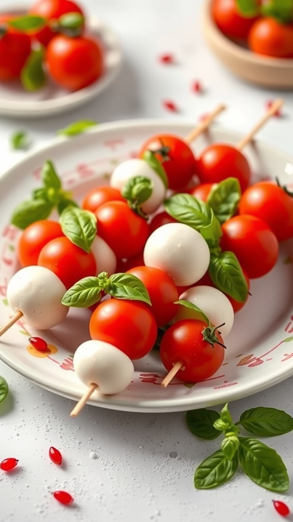 A plate of colorful Caprese skewers featuring cherry tomatoes, mozzarella balls, and fresh basil.