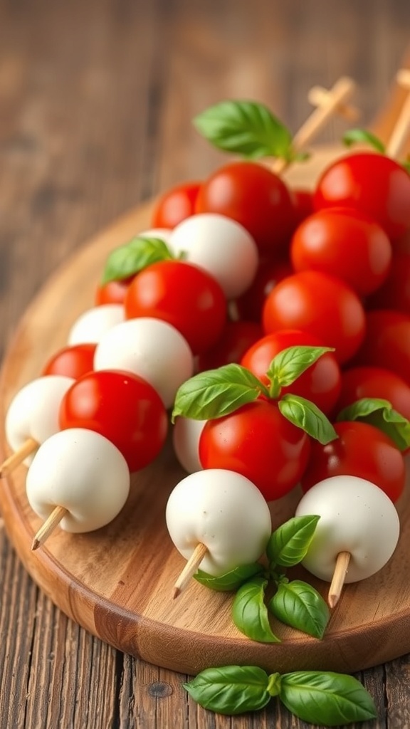 Colorful Caprese skewers with cherry tomatoes, mozzarella balls, and fresh basil on a wooden platter.