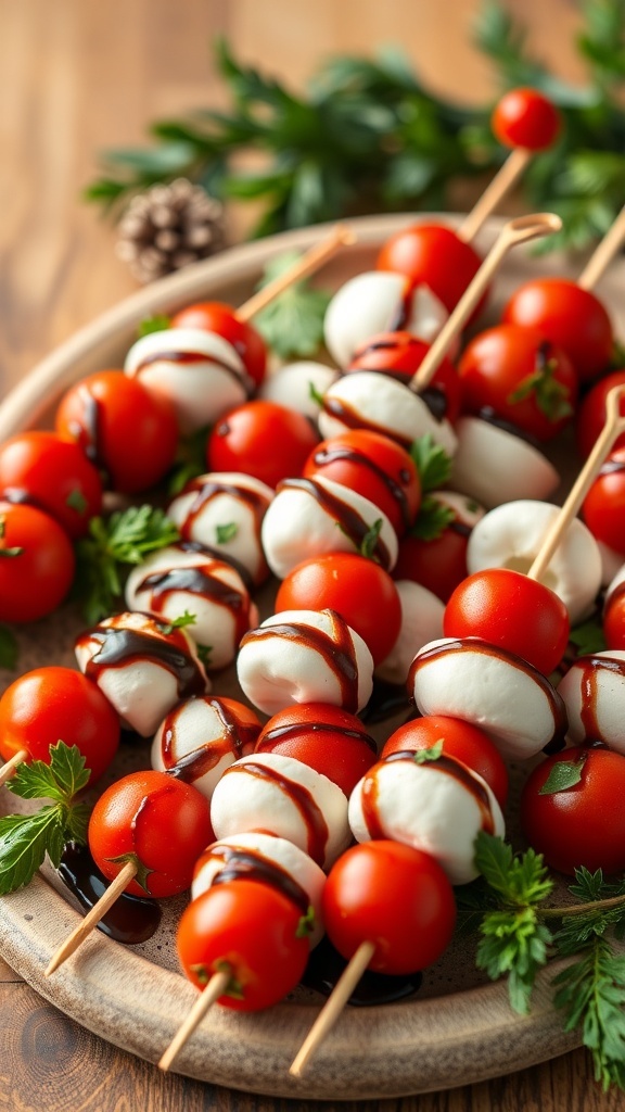 A platter of Caprese skewers with cherry tomatoes, mozzarella balls, and balsamic glaze.