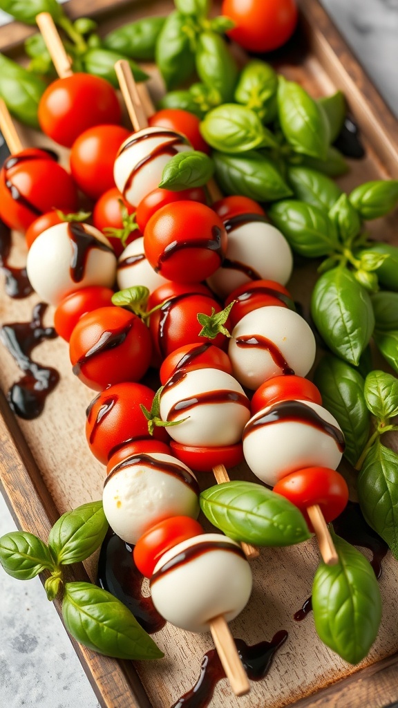 Caprese skewers with cherry tomatoes, mozzarella balls, and fresh basil drizzled with balsamic glaze