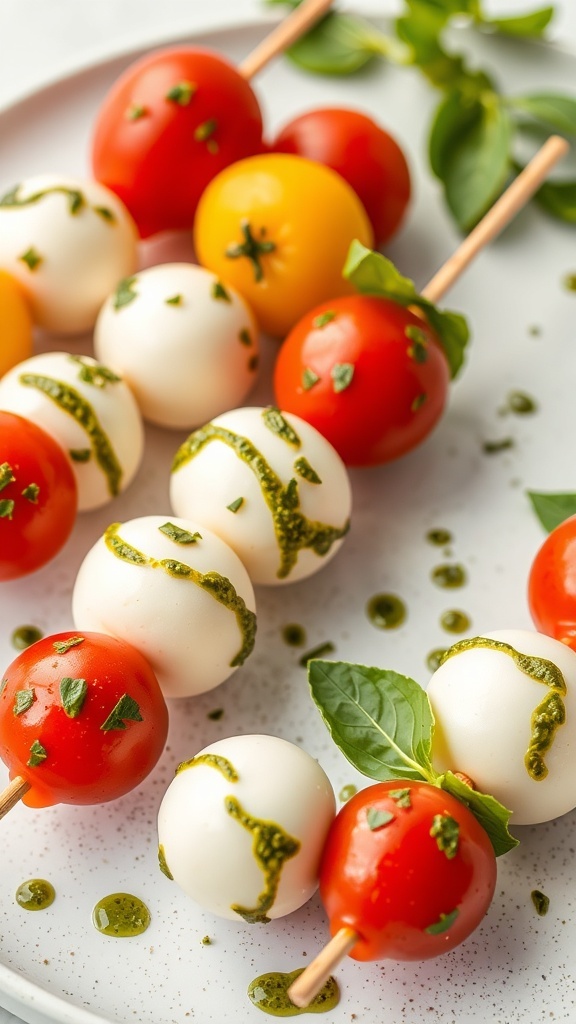 Caprese skewers with cherry tomatoes, mozzarella balls, and pesto on a plate.