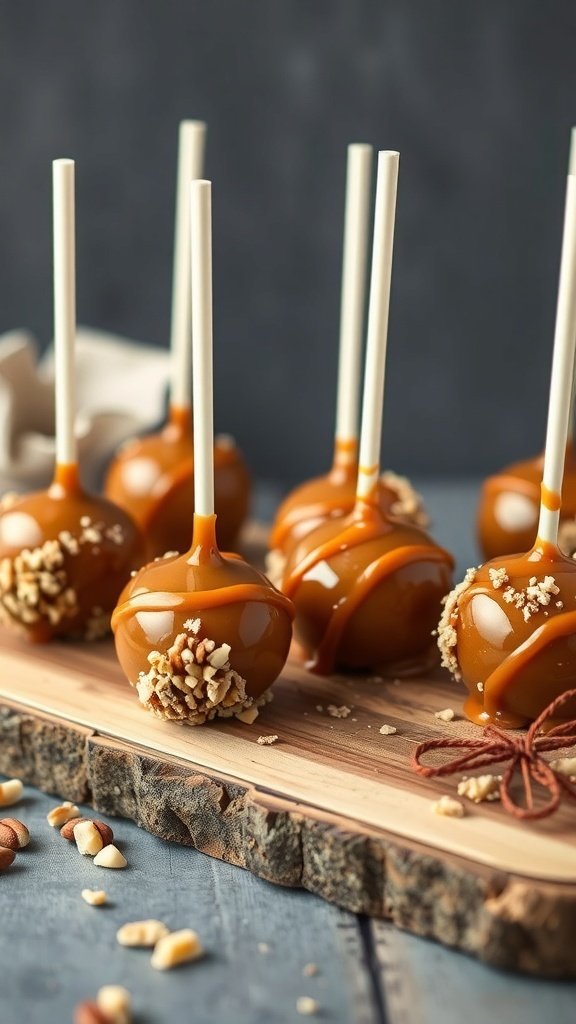 Delicious caramel apple cake pops on a wooden board, coated in caramel and topped with nuts.
