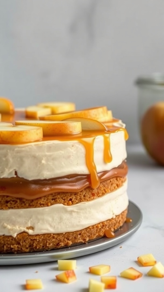 A delicious caramel apple cheesecake cake with layers of cake and cheesecake, topped with caramel and apple slices.