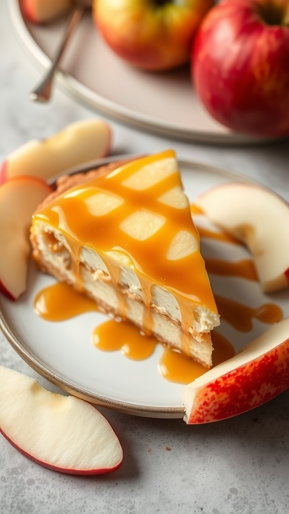 A slice of caramel apple cheesecake drizzled with caramel sauce, surrounded by fresh apple slices.