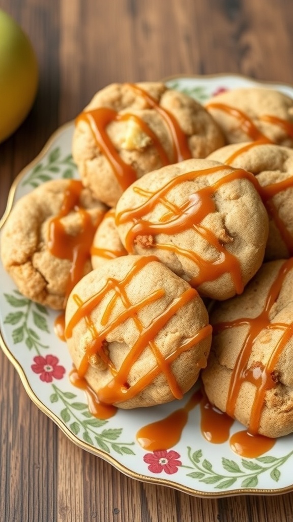 A plate of caramel apple cookies drizzled with caramel sauce, featuring a warm, inviting look.