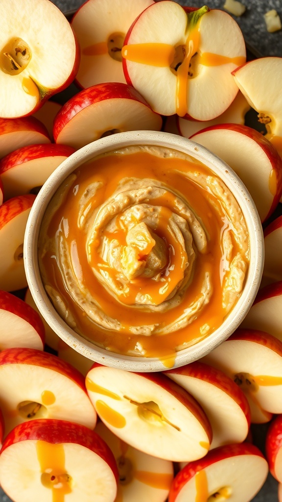 A bowl of caramel apple dip surrounded by red apple slices