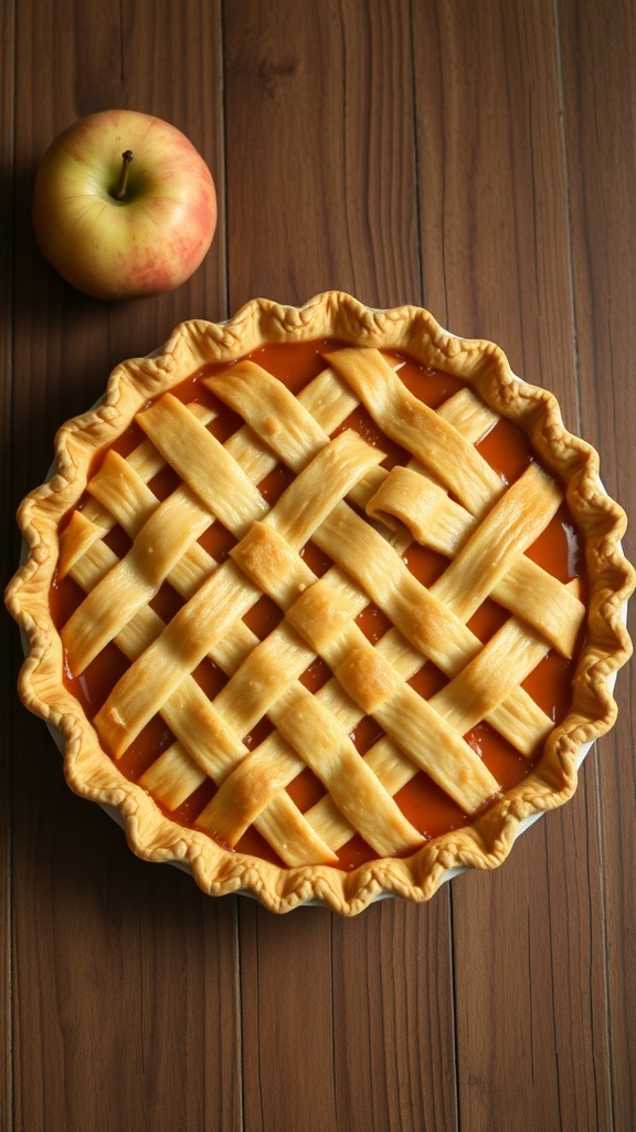 A caramel apple pie with a lattice crust and an apple beside it.