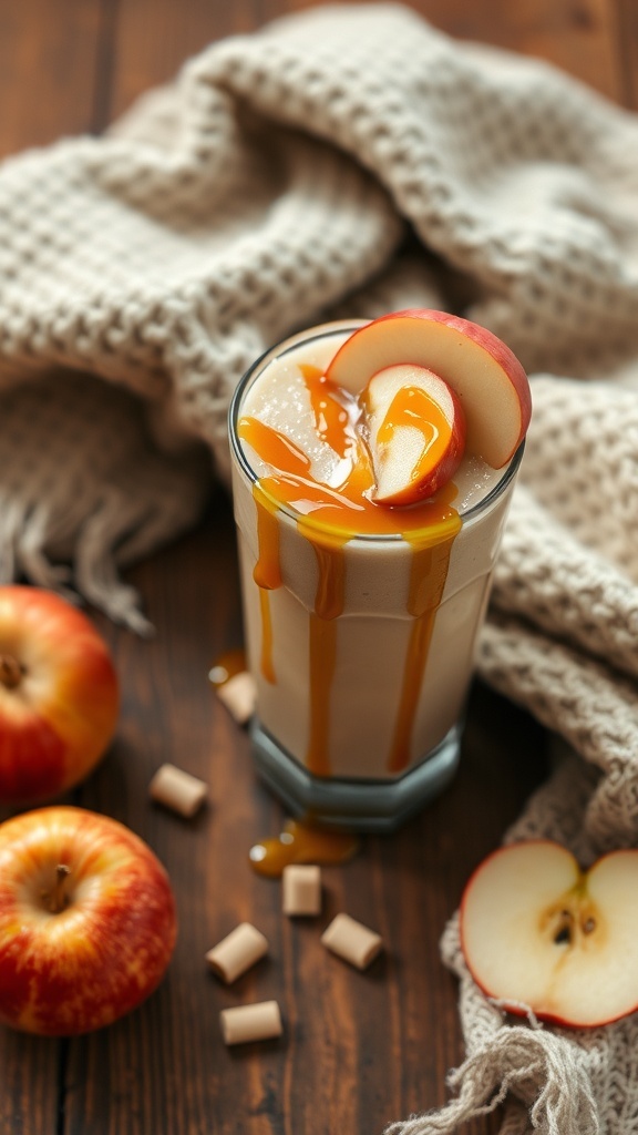 A delicious caramel apple smoothie topped with apple slices and caramel drizzle, with fresh apples and caramel candies nearby.