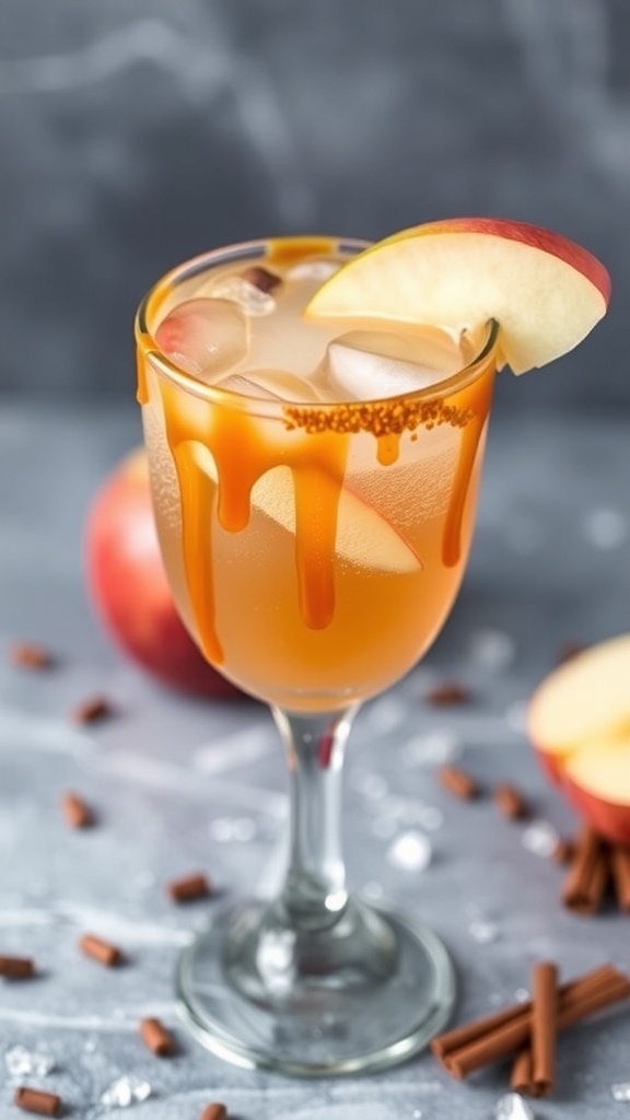 A glass of Caramel Apple Sparkler mocktail garnished with apple slices, surrounded by caramel candies.